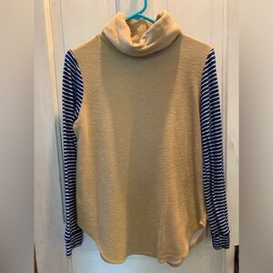 Beige Turtleneck with Black and White Striped Sleeves
